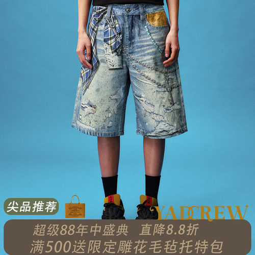 YADcrew格纹衬衫打印牛仔短裤