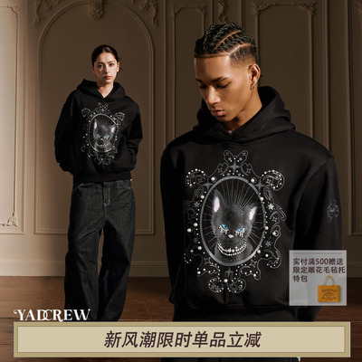 YADcrew黑色猫咪印花连帽卫衣女珍珠装饰美式卡通风潮酷美式高街