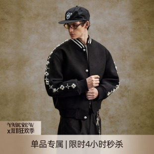 YADcrew秋冬夹棉衣复古十字花钉珍珠棒球服防风保暖毛呢夹克外套