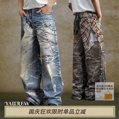 YADcrew扭曲衬衫链条打印3D做旧复古男女休闲弯刀破洞牛仔裤子