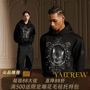 YADcrew黑色猫咪印花连帽卫衣女珍珠装饰美式卡通风潮酷美式高街