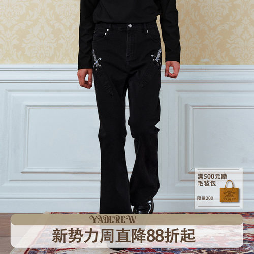 复古暗黑刺绣弹力修身牛仔裤