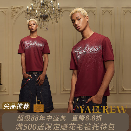 YADcrew银河星光闪钻复古风短袖T恤男女通用宽松印花潮酷上衣