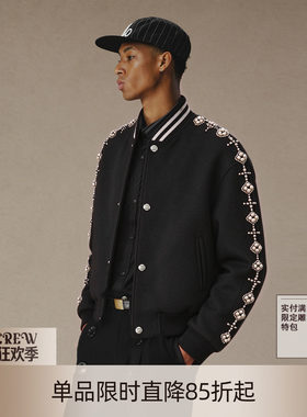 YADcrew秋冬夹棉衣复古十字花钉珍珠棒球服防风保暖毛呢夹克外套