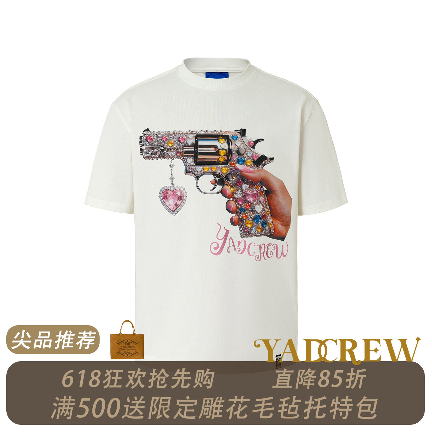 YADcrew520限定甜心左轮烫钻数码印花复古情侣同款短袖T恤