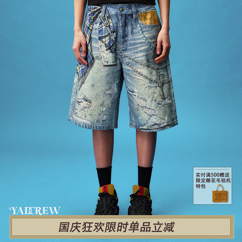 YADcrew格纹衬衫打印牛仔短裤图片