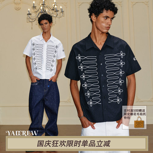 【鹭卓同款】YAD宫廷盘绳纽带短袖衬衫混纺肌理亲肤泡泡格上衣夏