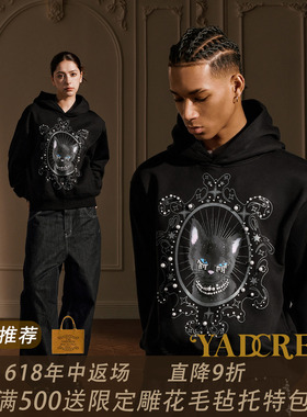 YADcrew黑色猫咪印花连帽卫衣女珍珠装饰美式卡通风潮酷美式高街