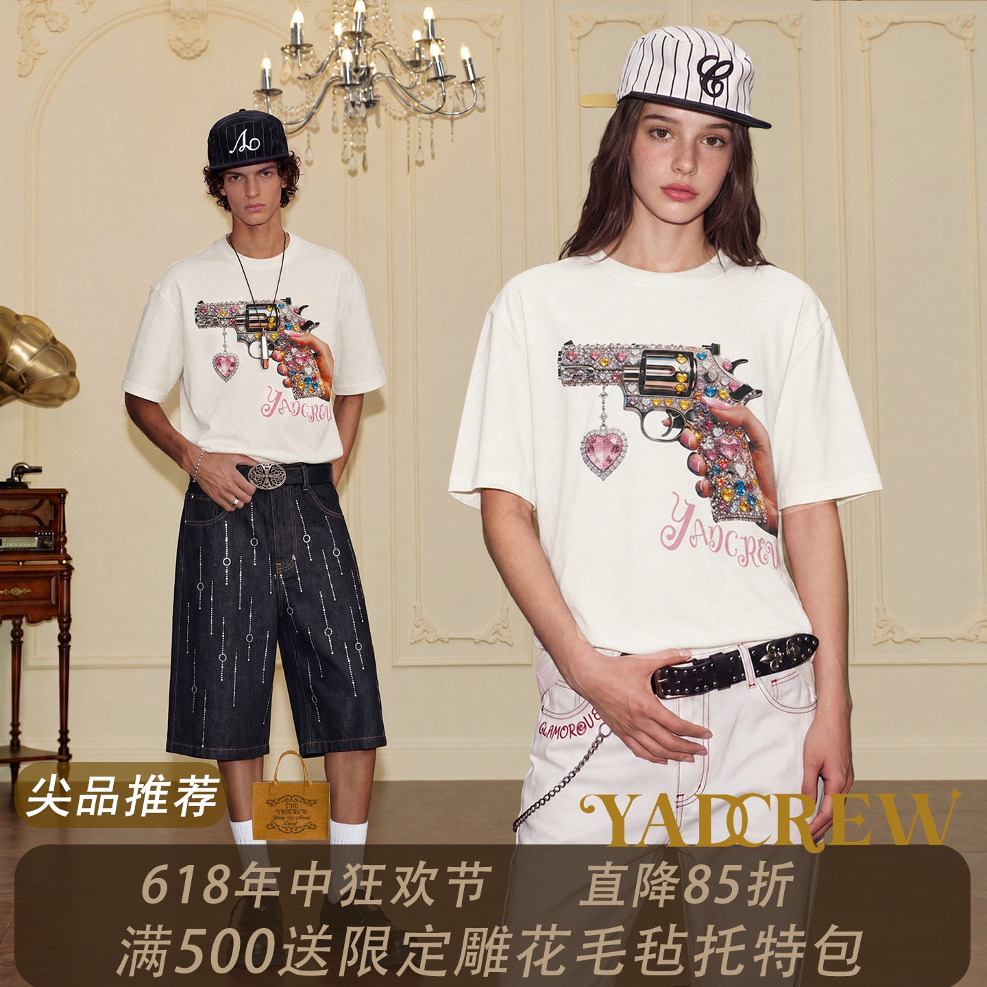 YADcrew520限定甜心左轮烫钻数码印花复古情侣同款短袖T恤