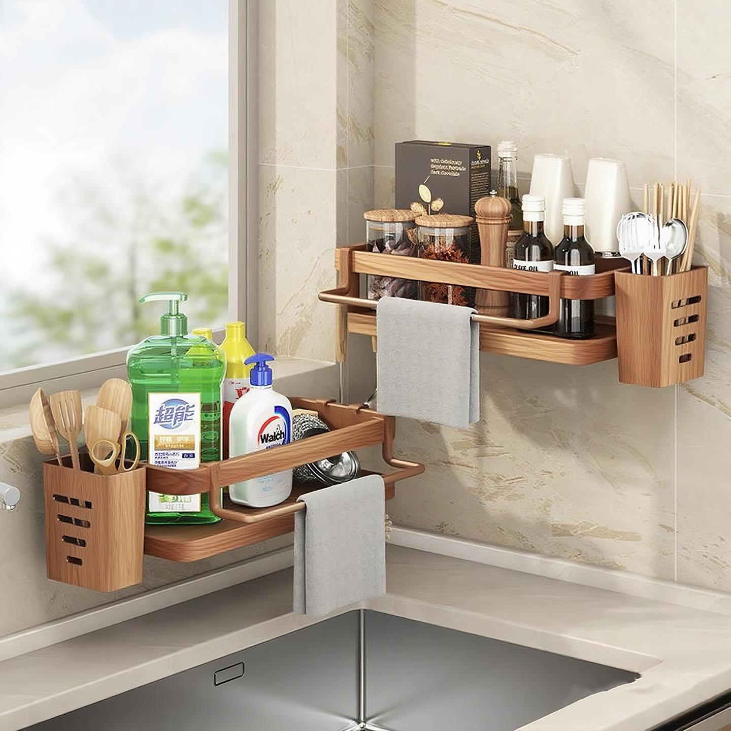 厨房水槽置物架免打孔壁挂式抹布架家用多功能筷笼一体收纳沥水架