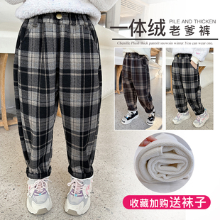 男童外穿保暖长裤 女童洋气老爹裤 子 一体绒冬季 儿童加绒加厚格子裤
