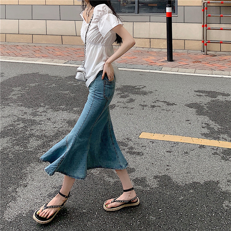 2022夏季新款不规则a字荷叶边牛仔半身裙高腰鱼尾性感包臀裙子女|msdalam kategori Butik wanita / wanita, skirt - dari Buy2taobao.com untuk memberikan perkhidmatan ejen Taobao profesional membeli