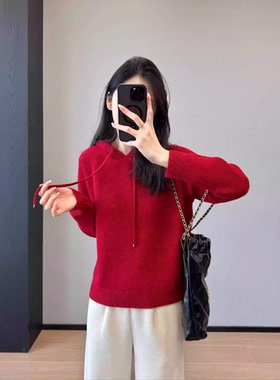 【DY】26早春新款显瘦慵懒新年红胶囊花纱连帽羊毛套头毛衣女