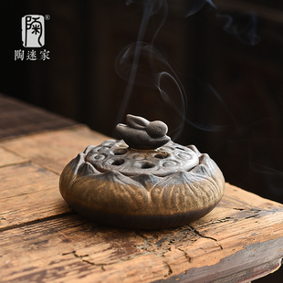 陶迷禅意小兔盘香炉檀香沉香家用摆件粗陶家用书房熏香炉茶道配件