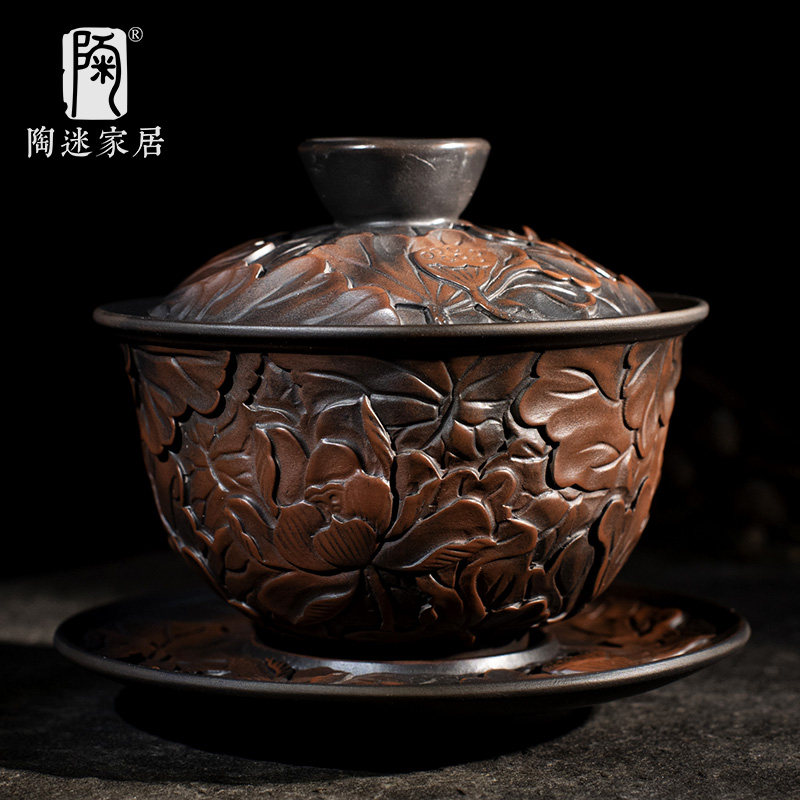 陶迷紫陶盖碗手抓壶纯手工茶具浮雕三才碗紫砂茶碗家用陶瓷茶壶
