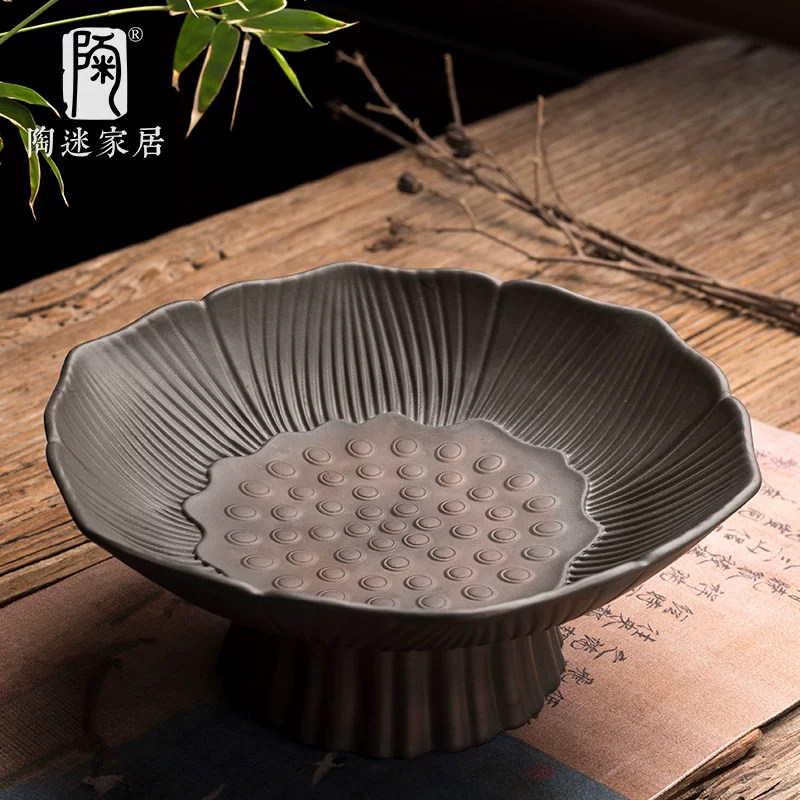 陶迷紫陶果盘分离式复古茶渣筒多功能陶瓷家用功夫茶具高脚点心盘