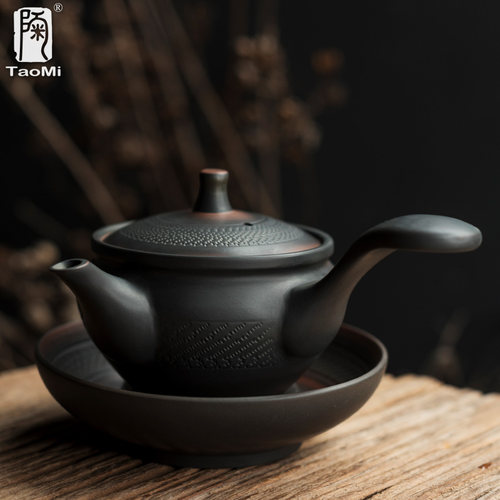 陶迷紫陶茶壶家用坭兴陶瓷复古侧把壶手工壶紫砂壶石瓢跳刀壶承