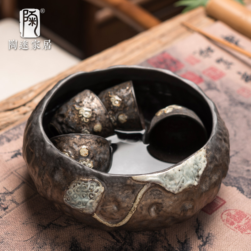 陶迷铁锈釉茶洗鎏银莲蓬陶瓷大茶海家用覆古水盂笔洗杯洗茶道配件