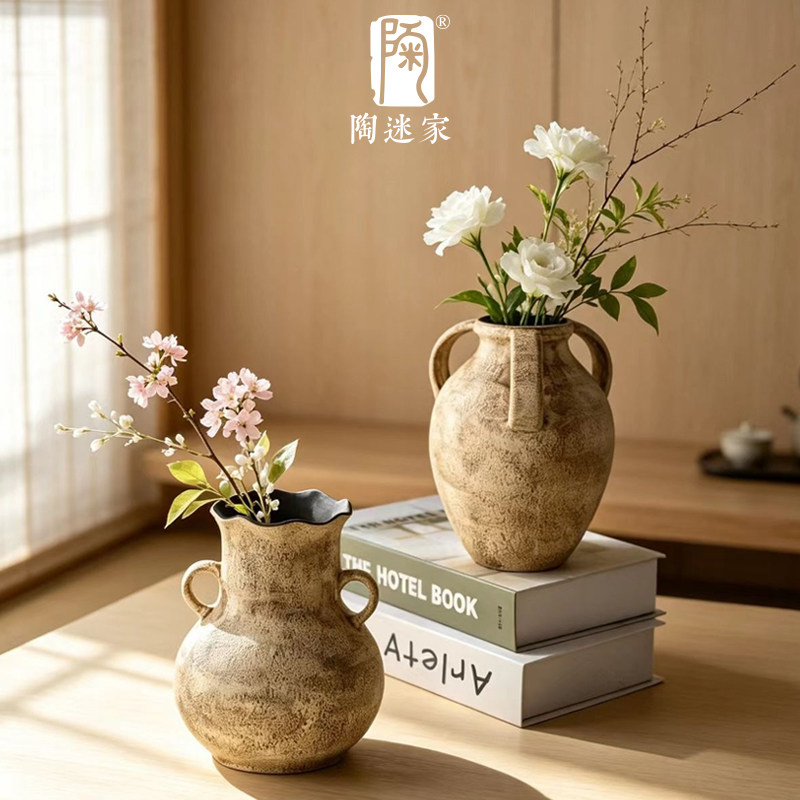 陶迷粉引双耳花器家居装饰摆件