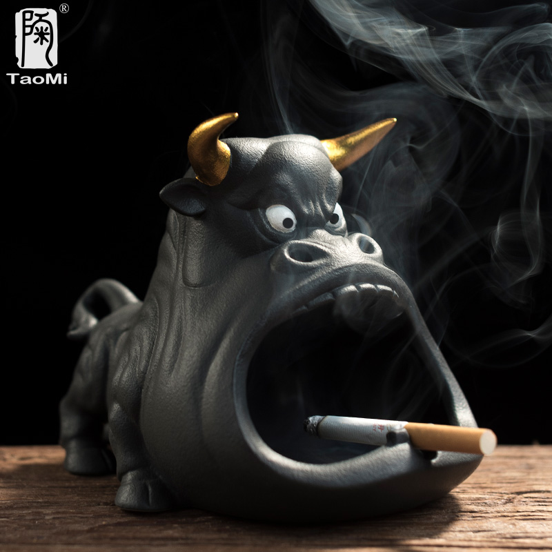 陶迷创意卡通牛烟灰缸防飞灰车载家用客厅大容量陶瓷烟缸家居摆件