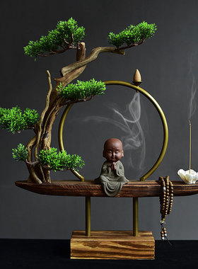 陶迷新中式禅意小和尚摆件倒流香炉香薰炉创意家居装饰品客厅玄关