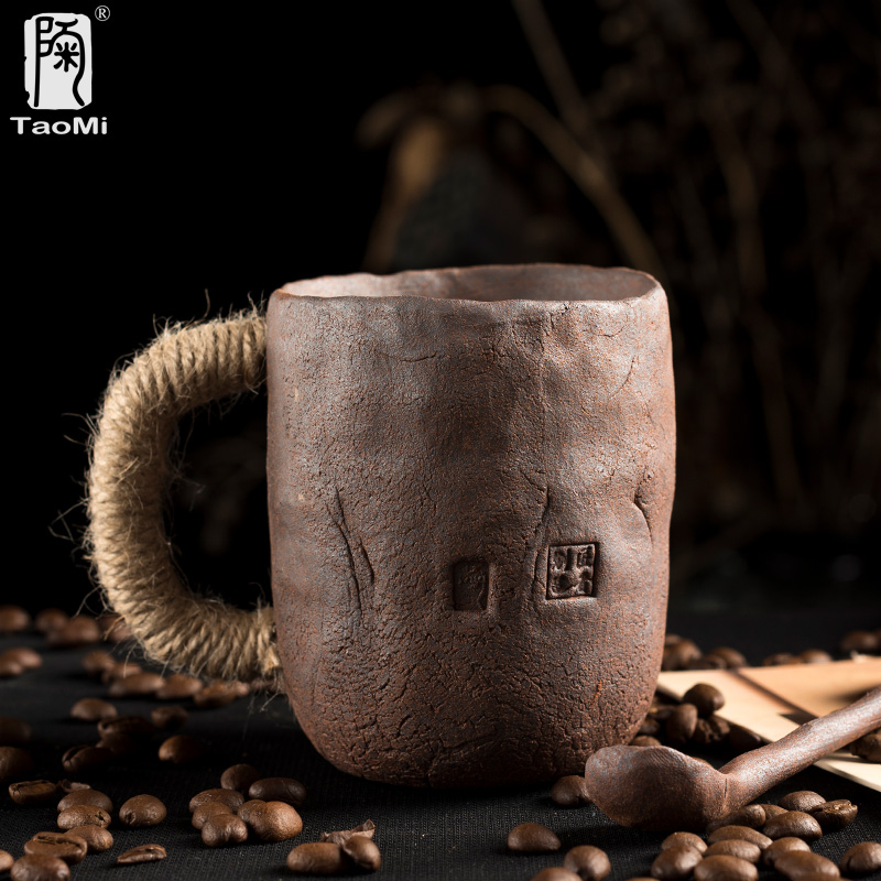 陶迷手工粗陶瓷马克杯带盖勺创意绑绳陶瓷办公杯大容量中式咖啡杯