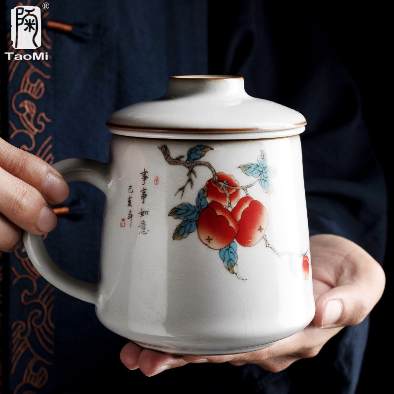 陶迷月白汝窑马克杯陶瓷开片可养咖啡杯个性复古带盖滤胆大茶水杯