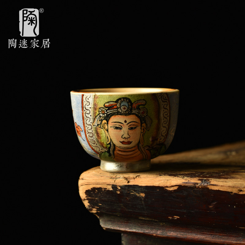 手绘柴烧主人杯高档正品纯手工飞天敦煌佛像杯志野品茗杯文创茶具