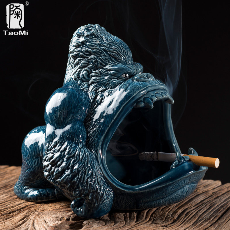 陶迷创意凶悍大金刚烟灰缸大容量家用陶瓷防飞灰车载大号烟缸