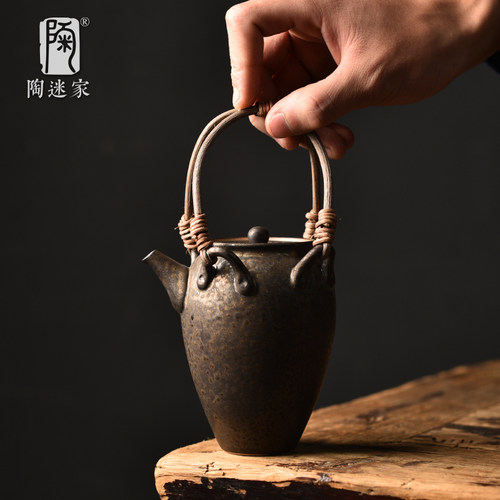 陶迷鎏金铁釉陶瓷提梁壶手工窑变