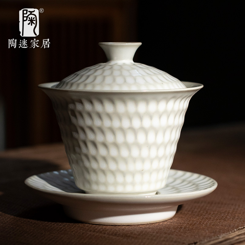 手工锤纹盖碗茶杯单个三才碗陶瓷马蹄茶碗高档仿古月白功夫泡茶具