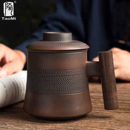 陶迷紫陶马克杯家用手工陶瓷带盖过滤咖啡牛奶杯办公室客厅茶水杯