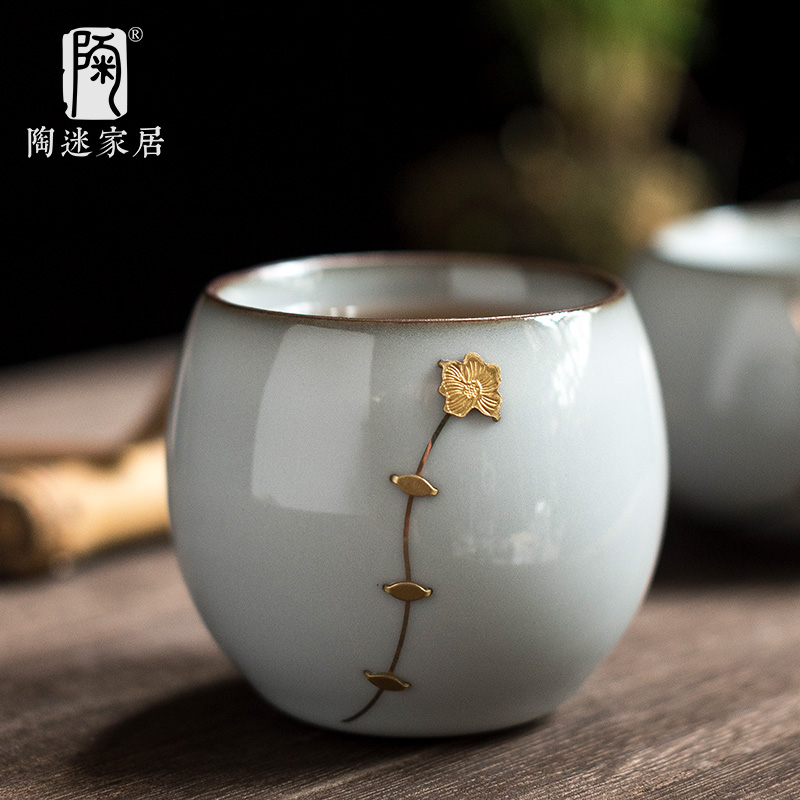 陶迷汝窑锔钉开片家用品茗茶杯