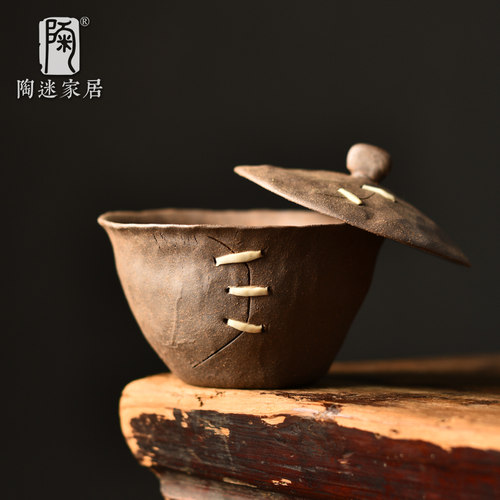 陶迷手捏盖碗仿锔钉茶具