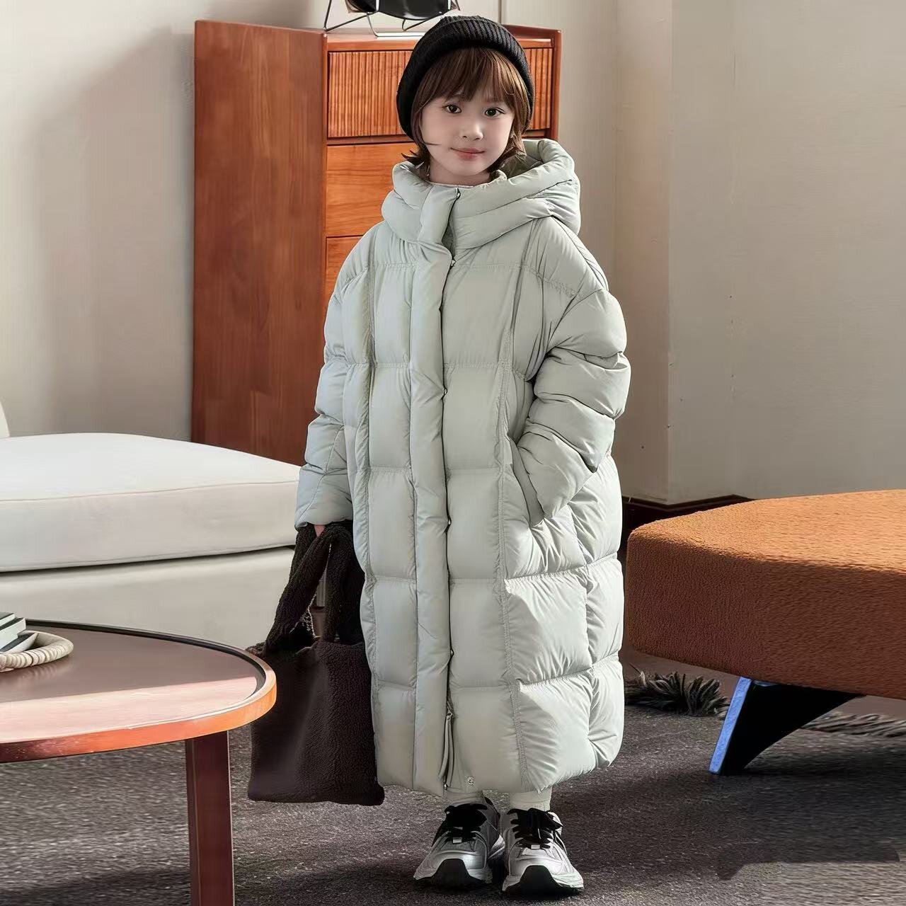 男女童90绒加厚连帽过膝羽绒服