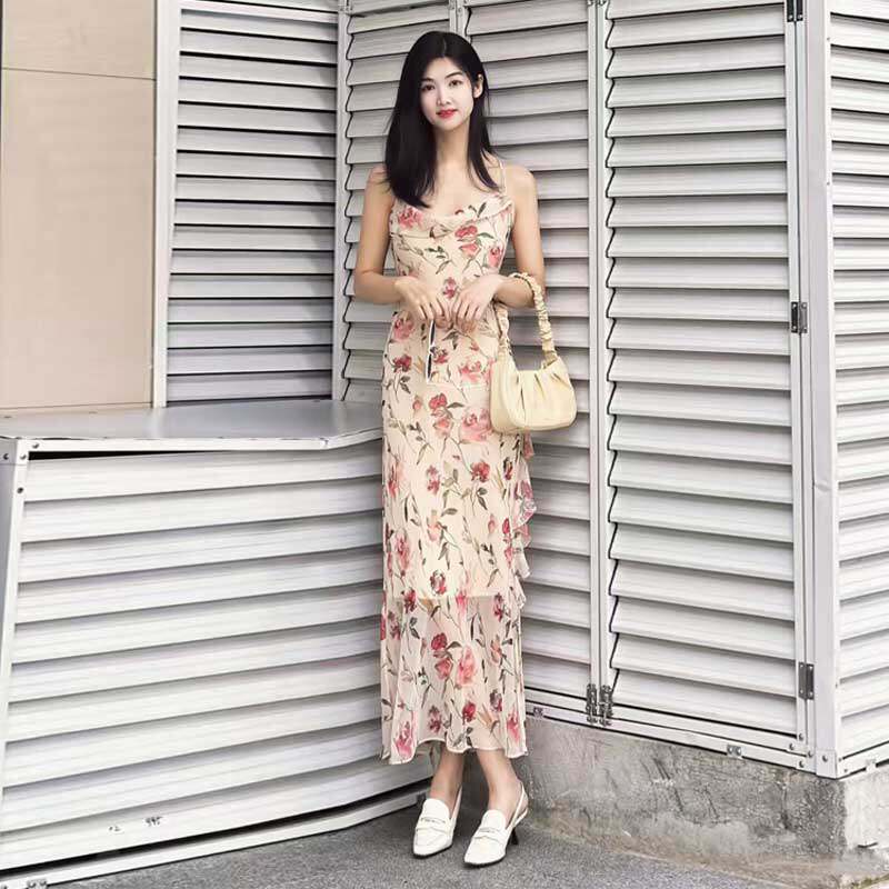 【商场同款】女装夏季中长款优雅气质碎花连衣裙露背吊带裙550045