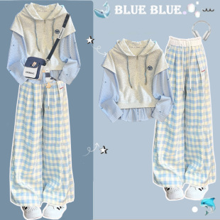 女童春装巨好看连帽卫衣套装2026春秋新款中大童蕾丝格子裤两件套