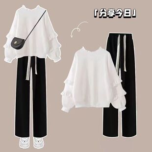 女童2026春秋网红套装宽松裤子木耳边卫衣12岁15中大童春装阔腿裤