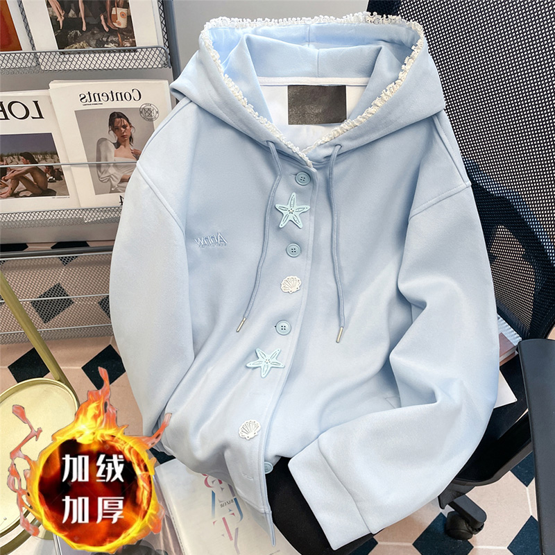 女童秋冬独特超好看纯棉卫衣2025新款冬装中大童加绒蓝色开衫外套