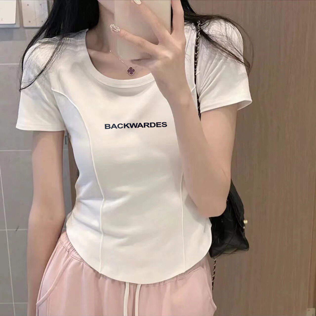 短袖t恤女2026夏季新款小个子字母印花上衣鱼骨线设计感小众体恤
