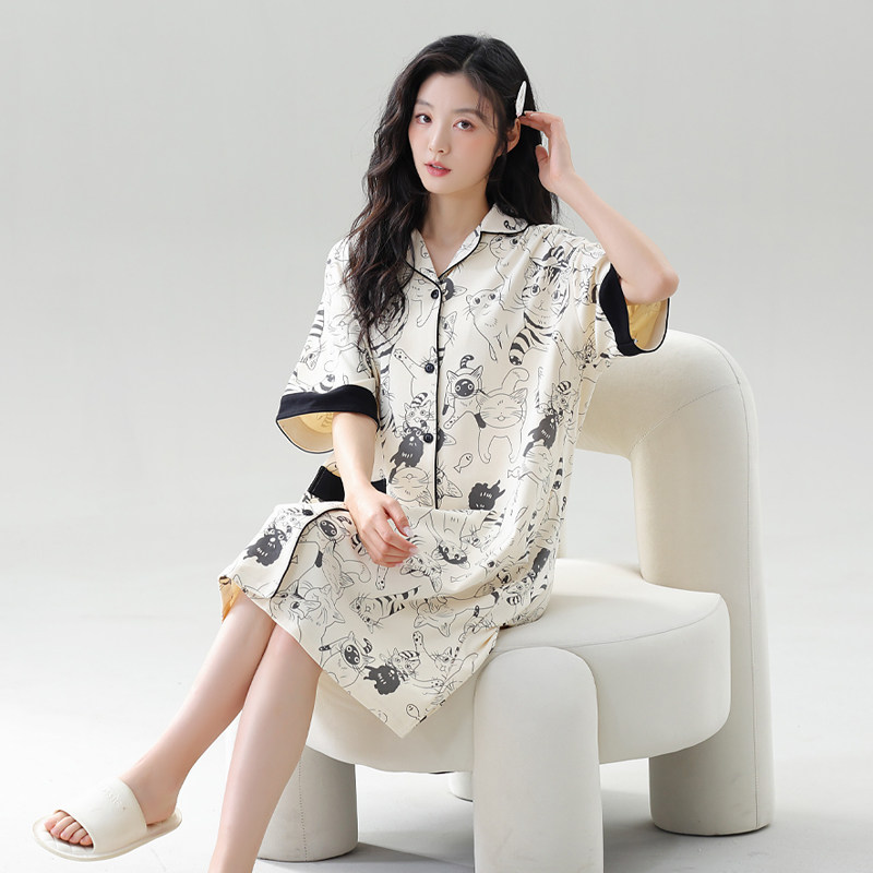 纯棉睡裙女2025年春夏季新款翻领短袖睡衣简约薄款高级感家居服