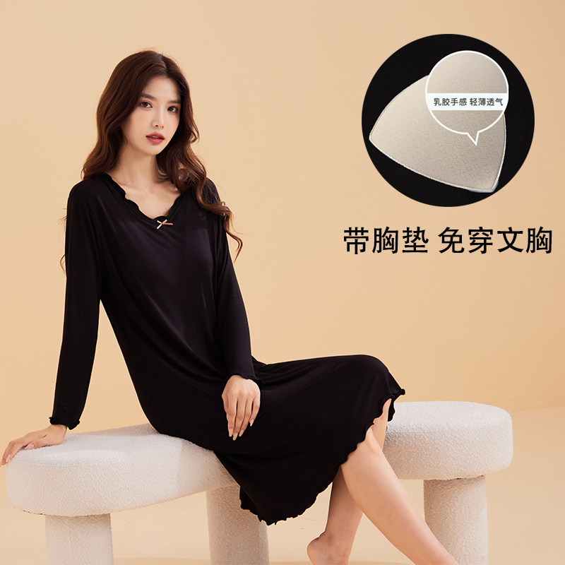 带胸垫长袖睡裙女春秋季长款莫代尔家居服荷叶边宽松大码过膝薄款,女士内衣/男士内衣/家居服,睡裙,淘宝优惠券,粉丝福利购,淘宝优惠卷