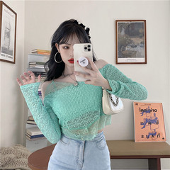 Real price one neck short lace shirt design feeling off shoulder clavicle fake two pieces of top
