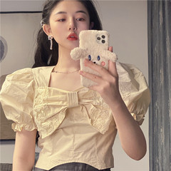 Real price new design small bow square neck bubble sleeve short shirt French style foreign style top