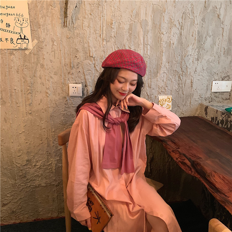 Real shot real price Korean version versatile solid color shawl medium length long sleeve shirt two piece set