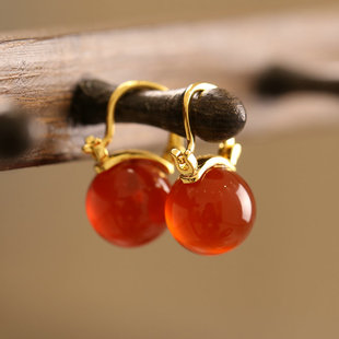 10mm天然红玛瑙圆珠耳坠925银耳扣18k金耳饰白玉珠耳钉耳环气质女