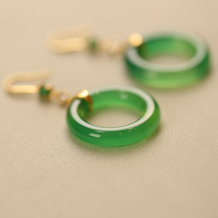 大号游山恋。天然冰绿玉髓平安扣圆环30mm18k金耳环国风耳饰大气