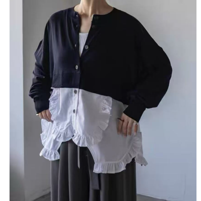 秋季圆领针织开衫拼接褶皱边衬衫外搭内穿时尚百搭25102142