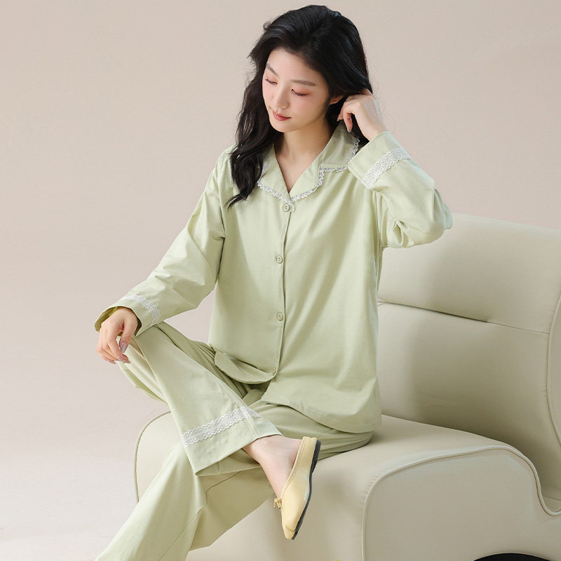 纯棉睡衣女高级秋冬季浅绿家居服