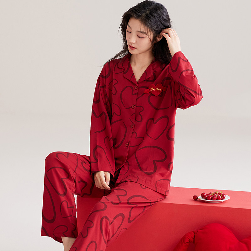 睡衣女棉质长袖秋季高级感红色